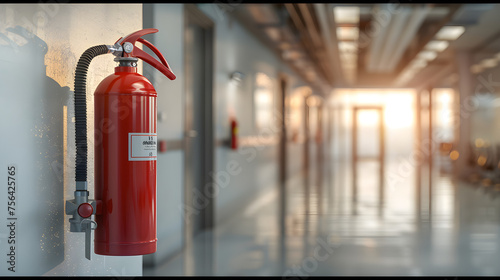 Fire extinguisher in the operating department . Install a fire extinguisher on the wall in building. Dry chemical powder fire extinguisher in corridor .a red fire-extinguisher hangs on wall. Ai © najmah