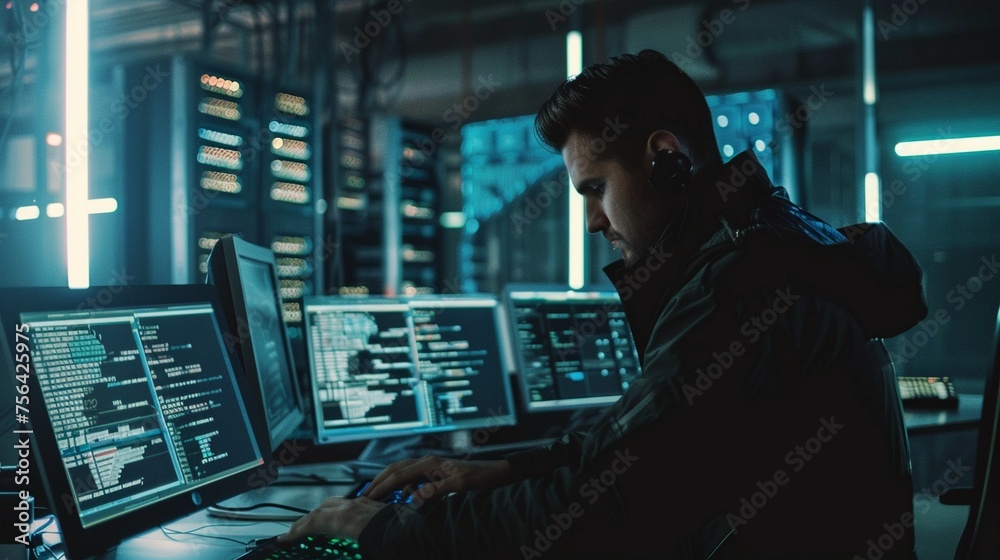 A man sitting in front of a computer monitor, focused on the screen while working or browsing the internet. - obrazy, fototapety, plakaty 