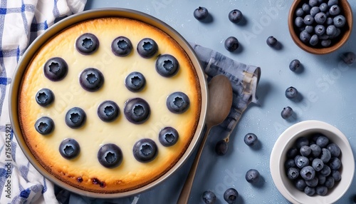 Cottage cheese casserole Cheesecake with blueberries in pan