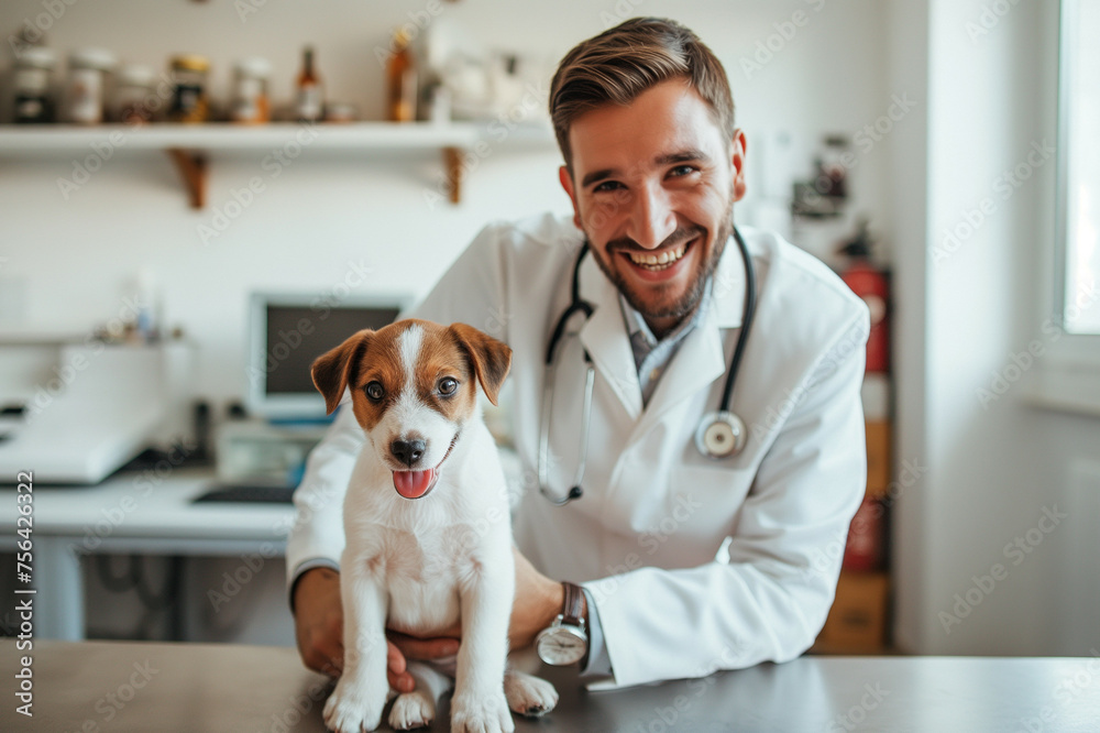 Smiling vet with a Jack Russell terrier in a clinic,veterinarian's day