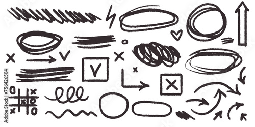 Chalk scribble doodle arrow, line elements set. Crayon arrow, underline, handwritten mark check. Rough hand drawn marker sketch with brush grunge texture. Vector illustration of kids pencil drawing.