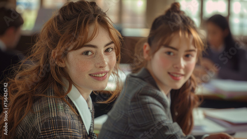 Two young women studying in a classroom.