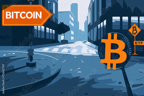 Street view with a Bitcoin direction sign and cityscape