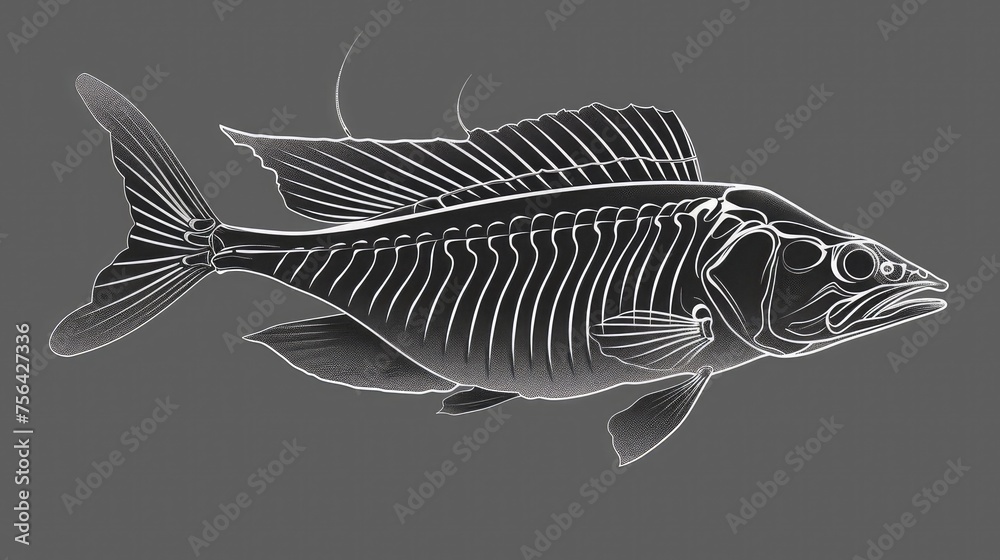 Drawing of a fish skeleton on a gray background. Fish skeleton. Fish bones