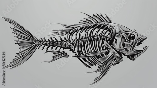Drawing of a fish skeleton on a gray background. Fish skeleton. Fish bones