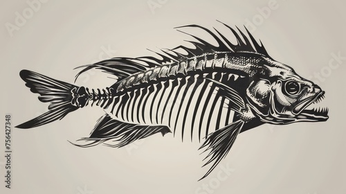 Drawing of a fish skeleton on a gray background. Fish skeleton. Fish bones photo