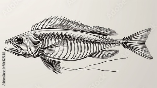 Drawing of a fish skeleton on a gray background. Fish skeleton. Fish bones