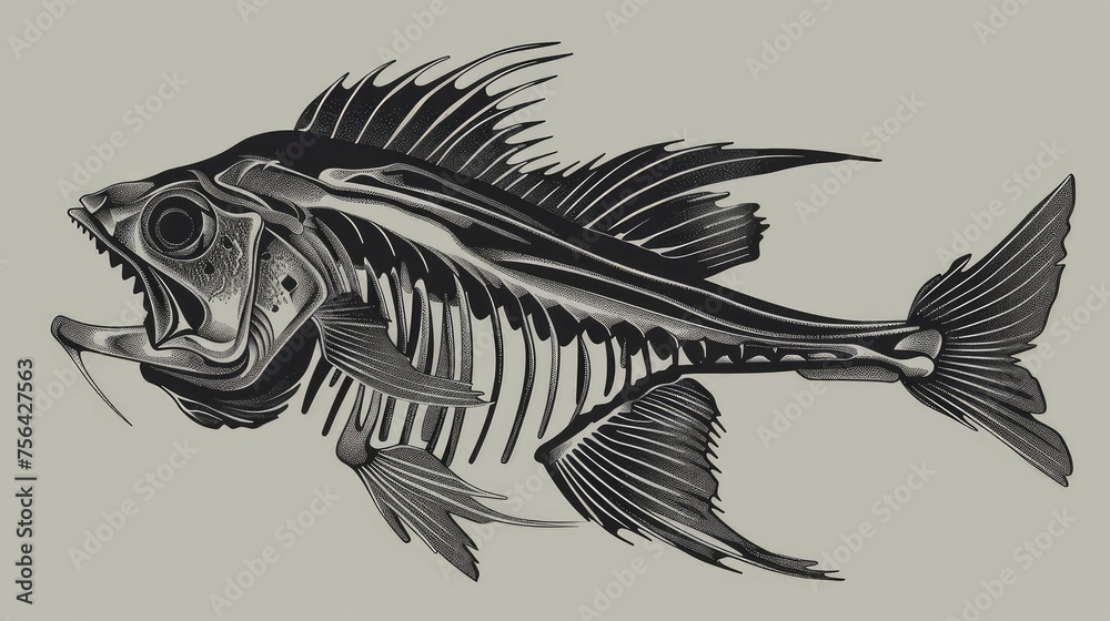 Drawing of a fish skeleton on a gray background. Fish skeleton. Fish bones - obrazy, fototapety, plakaty 