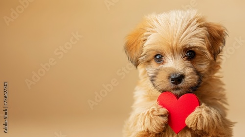 Cute puppy with red heart, on brown background, free space for text