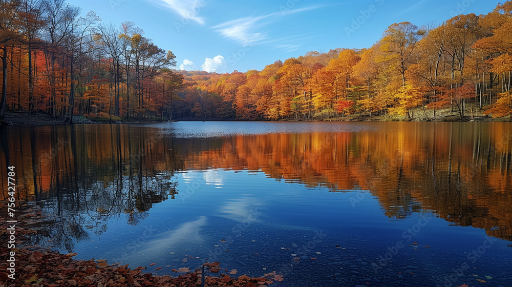 Vibrant fall foliage in fiery hues reflects beautifully on the still waters of a serene lake under a clear autumn sky.