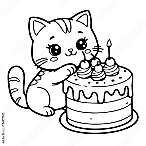 Baby cat, kitten with a cake. Cloring page for children