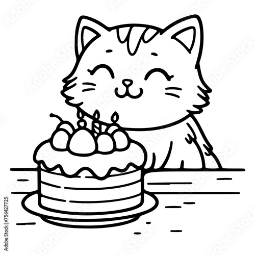 Baby cat, kitten with a cake. Cloring page for children