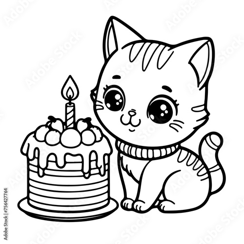 Baby cat, kitten with a cake. Cloring page for children