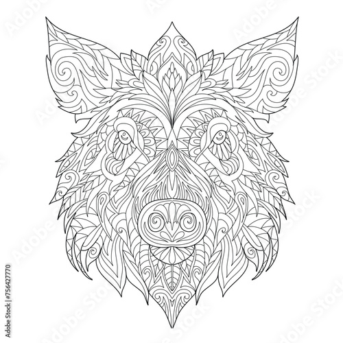 A Boar head, pig portrait. Detailed coloring page for adults. Zen antistress. Line art
