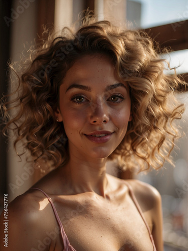 An up-close view of a beautiful woman with voluminous, curly hair