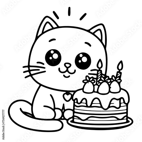 Baby cat, kitten with a cake. Cloring page for children