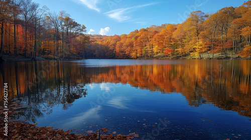 Vibrant fall foliage in fiery hues reflects beautifully on the still waters of a serene lake under a clear autumn sky. © feeling lucky