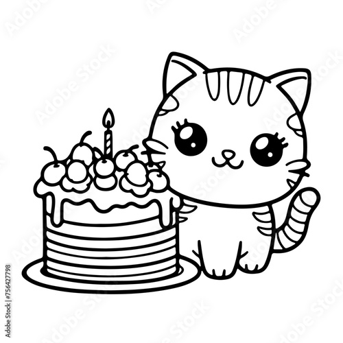 Baby cat, kitten with a cake. Cloring page for children