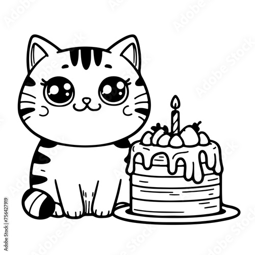 Baby cat, kitten with a cake. Cloring page for children