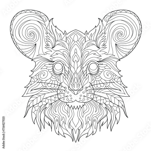 A mouse head portrait. Detailed coloring page for adults. Zen antistress. Line art