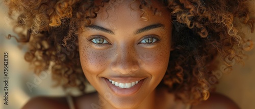 Beautiful African woman portrait. Dark-skinned brunette with curly blond hair.