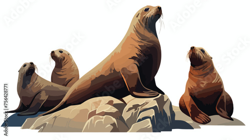 A playful group of sea lions sunbathing on a rocky photo