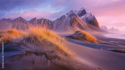 Misty landscape with dunes, fog and mountains .