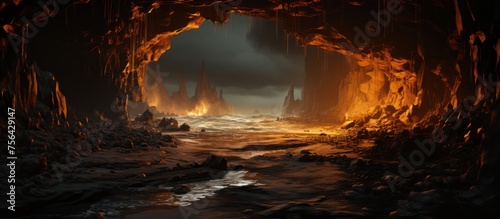 View of a volcanic open cave on the beach photo