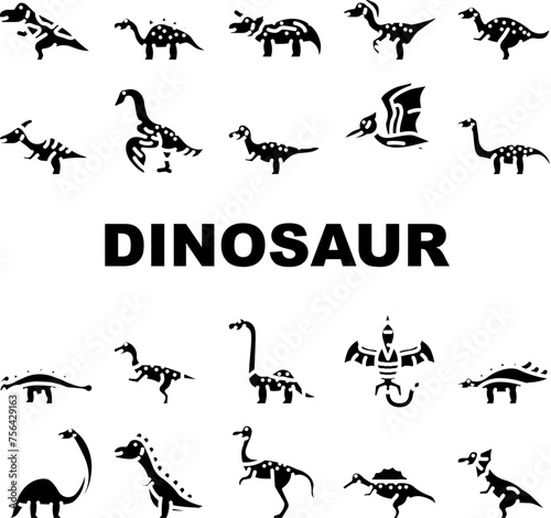 dinosaur character jurassic cute icons set vector. dino raptor, creature animal, baby hand, character jungle, kid rex scary dinosaur character jurassic cute glyph pictogram Illustrations
