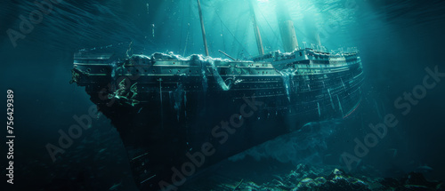 Majestic underwater view of a grand historic sunken ocean liner. © Ai Studio