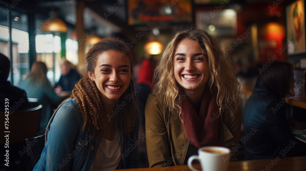 Happy young women friends having coffee break while relaxing at the cafe indoors Happy young women friends having coffee break while relaxing at the cafe indoors