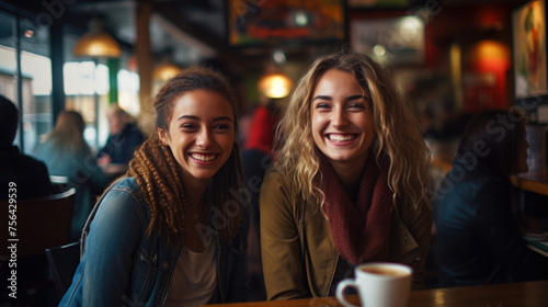 Happy young women friends having coffee break while relaxing at the cafe indoors © Ruslan Gilmanshin