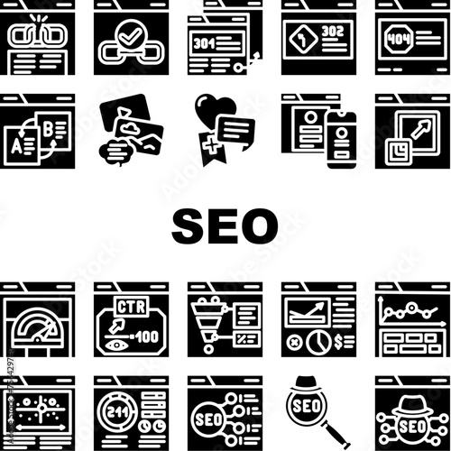 seo web tech business digital icons set vector. technical secure, website analytics, consulting traffic, market, page, cyber keyword seo web tech business digital glyph pictogram Illustrations