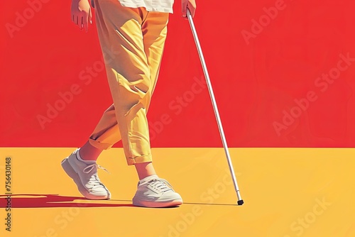 Cropped of blind disabled man legs in casual clothes with a long stick.