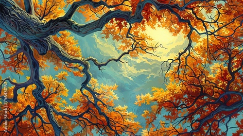 Fototapeta Naklejka Na Ścianę i Meble -  Vibrant 3d tree abstraction  colorful leaves on hanging branches   interior mural wallpaper