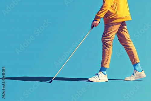 Cropped of blind disabled man legs in casual clothes with a long stick. © jirayut
