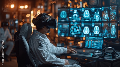 Scientist in a laboratory wearing virtual reality headset interacts with futuristic holographic interface showing neurological data. Modern Brain Study/ Neurological Research Center.