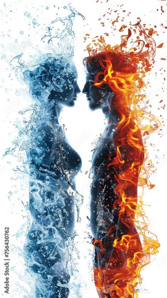 Guy and girl like fire and water on a white background