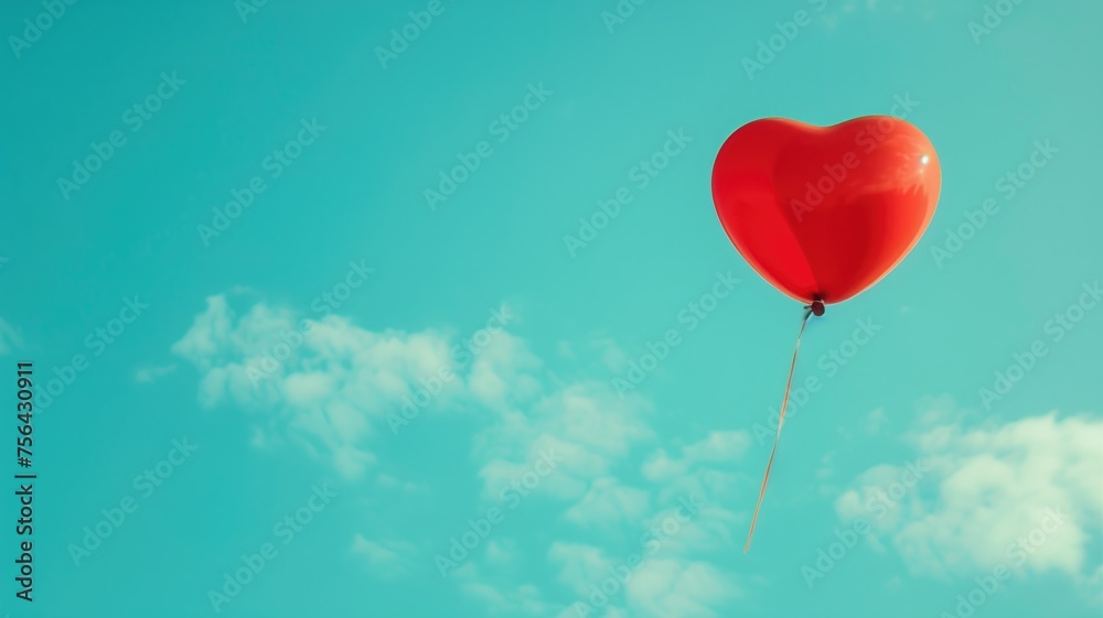 Red heart-shaped balloon floating in a clear blue sky
