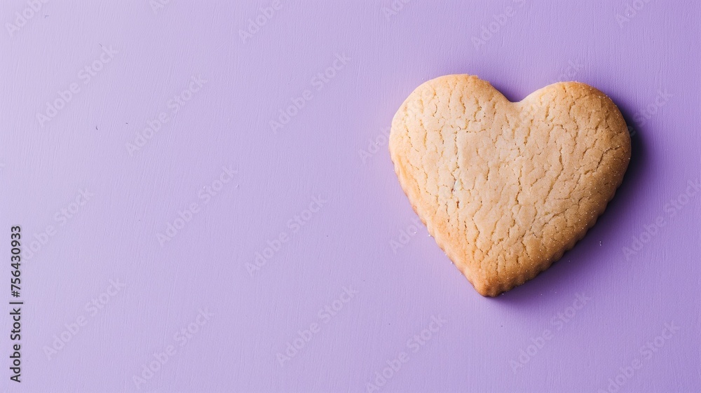 Obraz premium Heart-shaped butter cookie on a textured purple backdrop, conveying affection and treat
