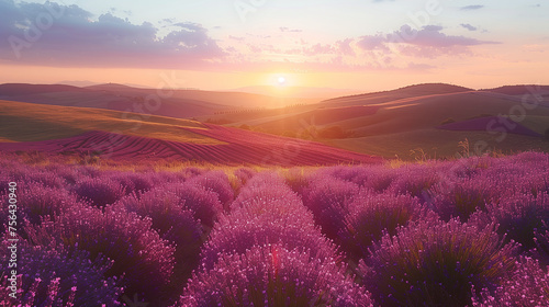 The sun dips below the horizon  casting a warm glow over rolling hills of purple lavender  creating a picturesque and calming landscape.