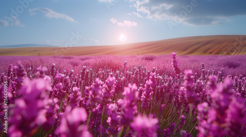 The sun dips below the horizon, casting a warm glow over rolling hills of purple lavender, creating a picturesque and calming landscape.