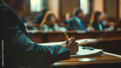 Professional lawyer concentrating and writing notes in court photo