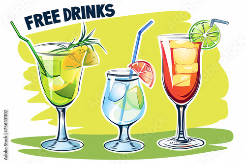 Colorful cocktails with Free Drinks text
