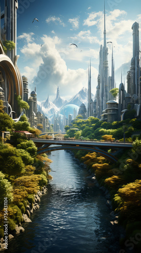 A futuristic cityscape with skyscrapers surrounded by green parks and water.