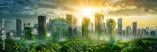Futuristic city skyline adorned with sustainable skyscrapers and green spaces  envisioning a greener and more environmentally conscious urban landscape
