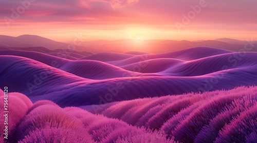 The sun dips below the horizon  casting a warm glow over rolling hills of purple lavender  creating a picturesque and calming landscape.