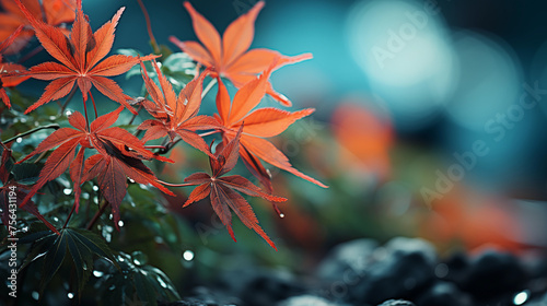 Background image  foreground above with red leaves. Pastel green bokeh background