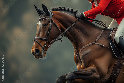 Equestrian sport, show jumping. A rider in a red jacket riding a brown horse. Side view, close-up