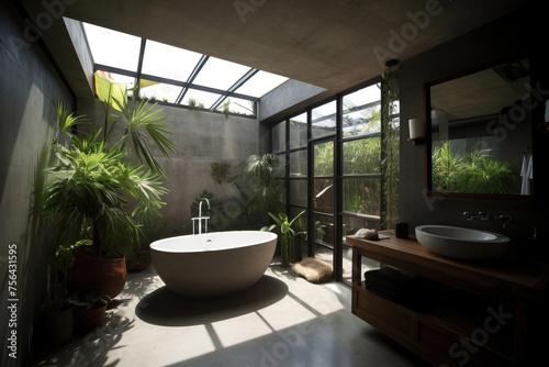 A modern bathroom oasis, with a freestanding tub and a view of lush greenery, invites relaxation in a bath of sunlight. © Edik